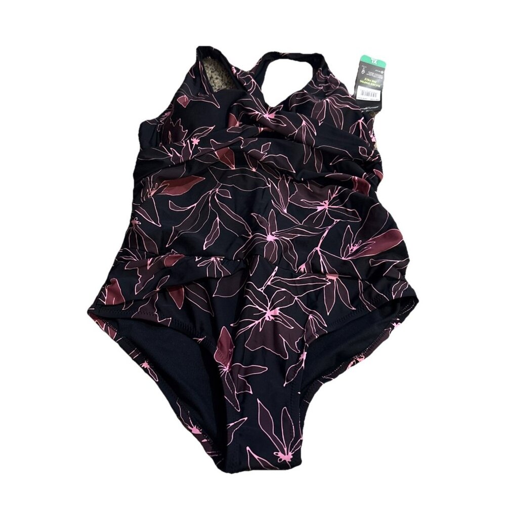 Eddie Bauer Black Floral Ruched Shaping One Piece Swimsuit Women's Size XL NEW